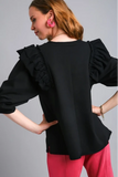 French Terry Ruffle Trim Top | Black