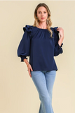 Satin Double Ruffle Pintuck Top | Navy