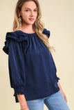 Satin Double Ruffle Pintuck Top | Navy