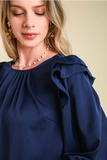 Satin Double Ruffle Pintuck Top | Navy