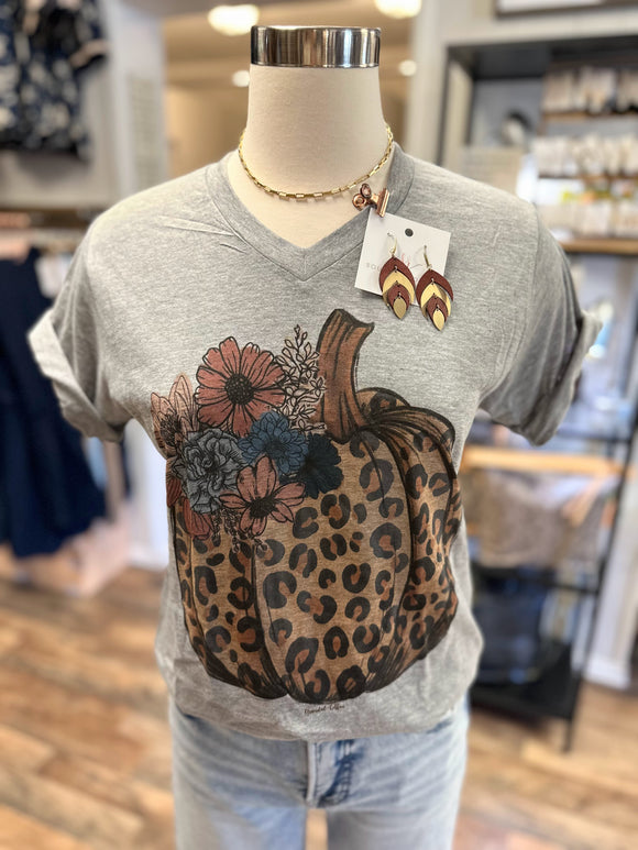 Floral Leopard Pumpkin Tee | Heather Grey