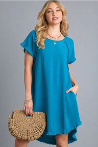 Hi/Low Linen Scoop Dress | Teal Blue