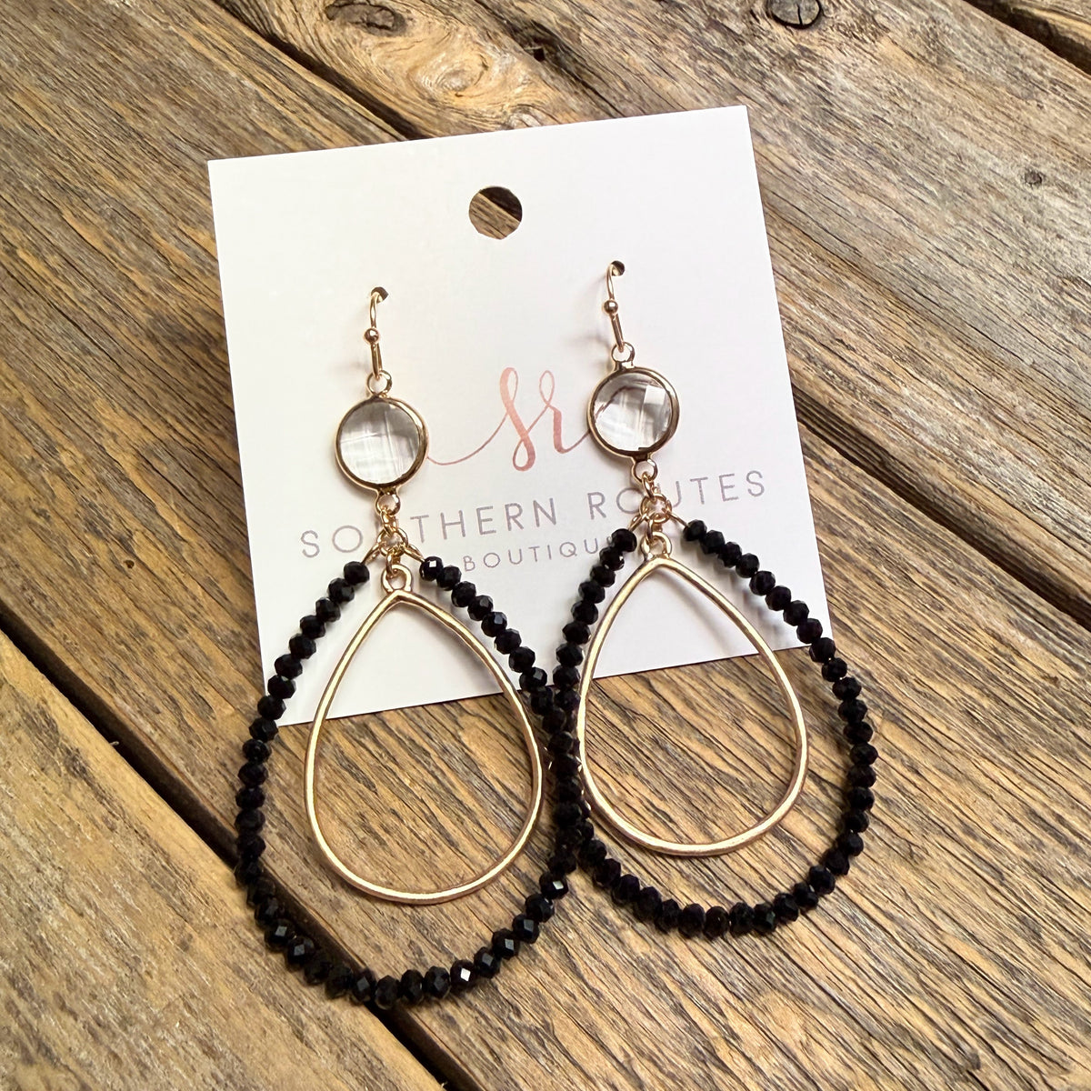 Clear Beveled Double Teardrop Beaded Earrings | Black