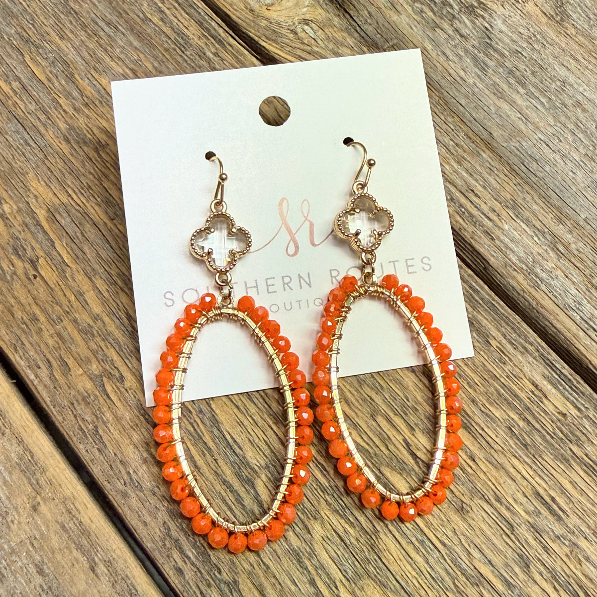 Clear Filigree Beaded Oblong Earrings | Orange