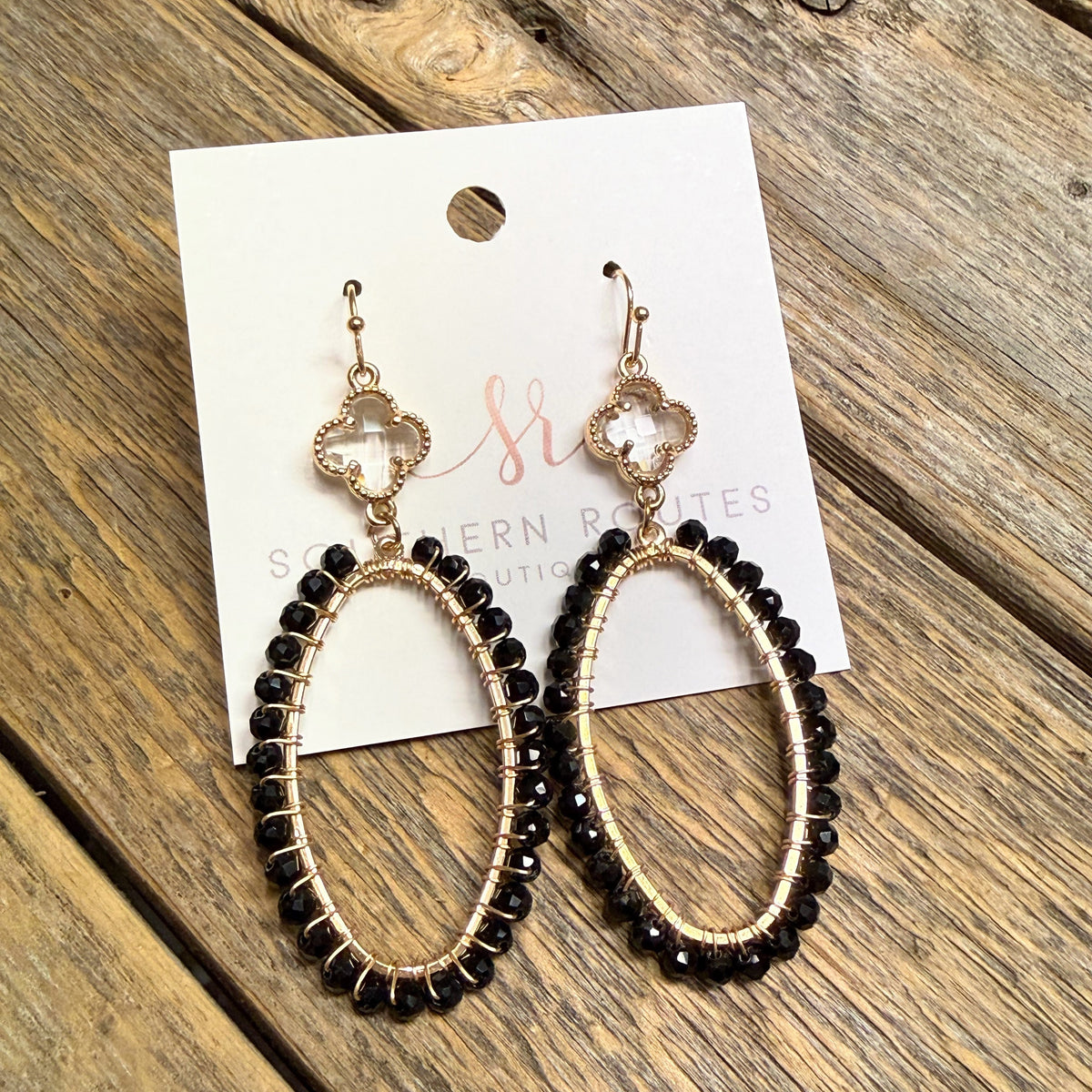 Clear Filigree Beaded Oblong Earrings | Black