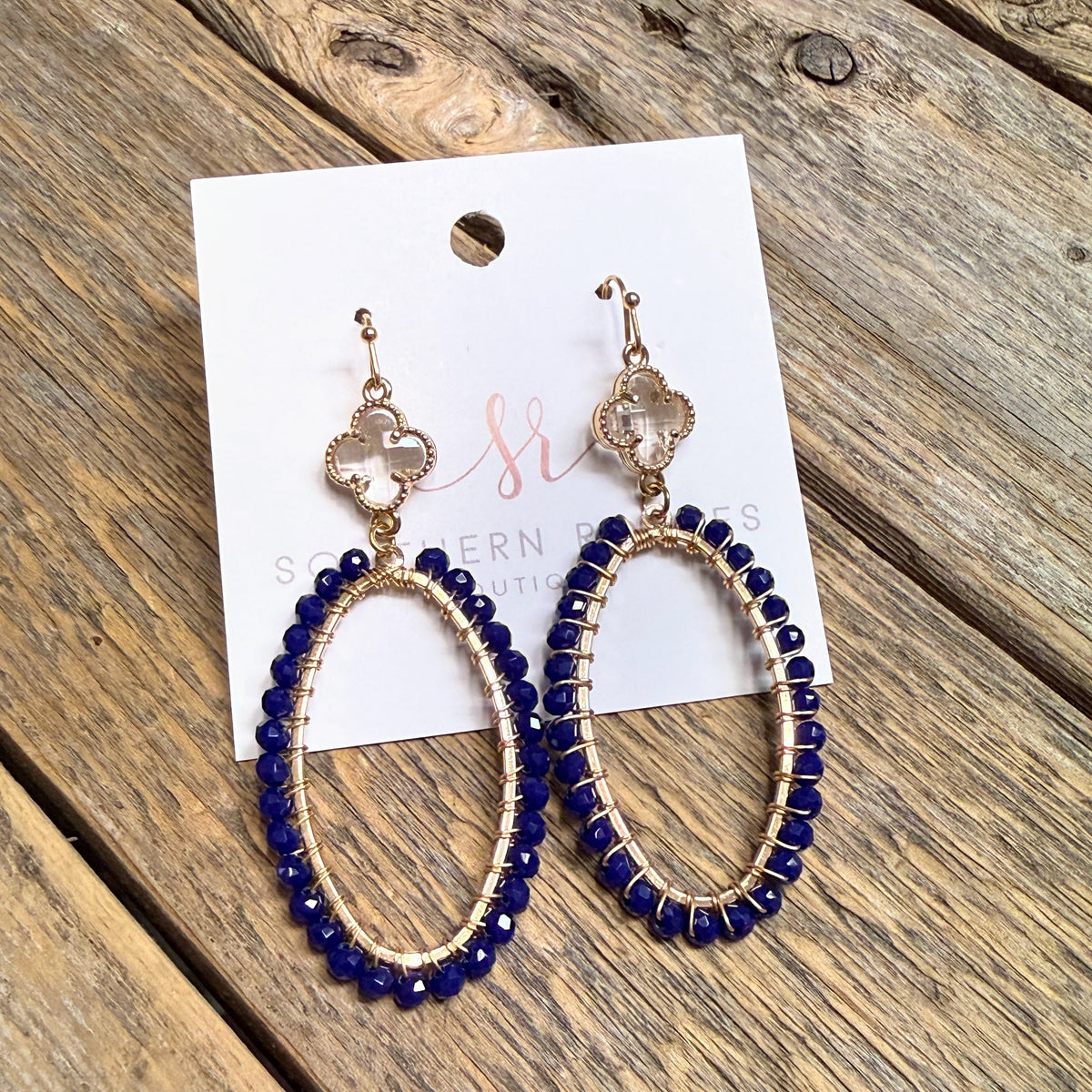 Clear Filigree Beaded Oblong Earrings | Royal Blue