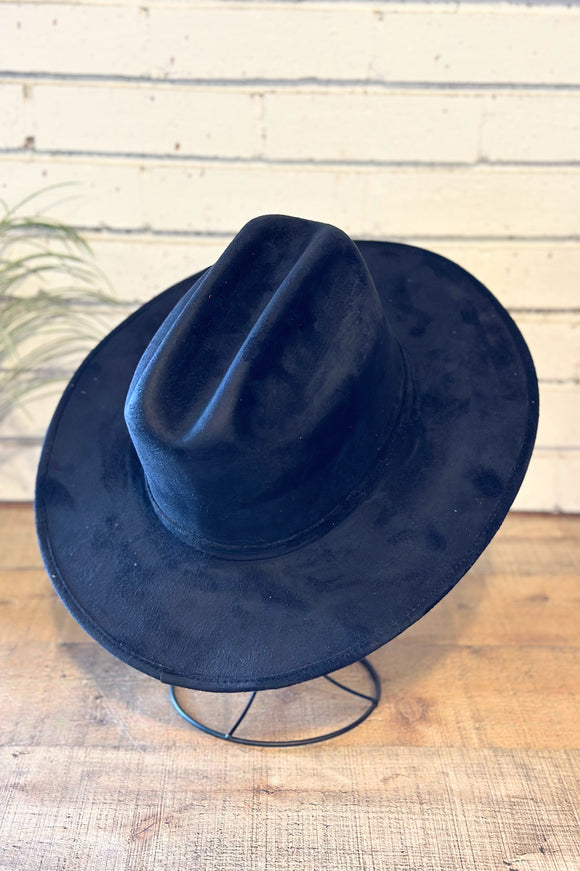 Vegan Suede Cowboy Crown Flat Brim Hat | Black