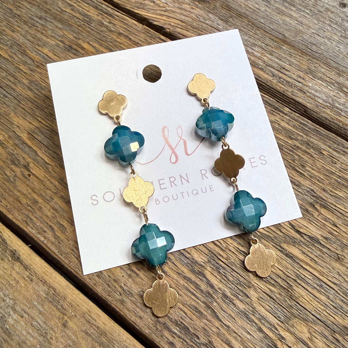 Linear Clover Dangle Drop Earrings | Teal