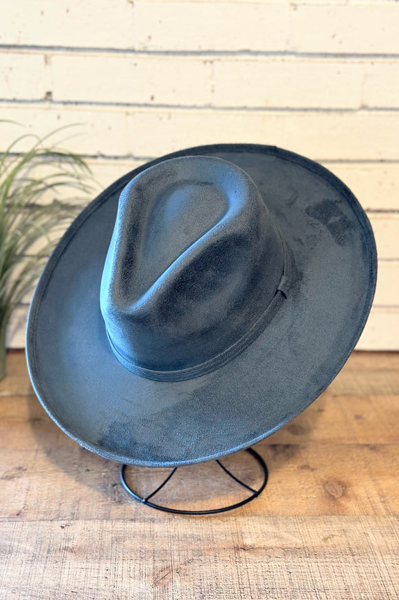 Vegan Suede Pencil Brim Rancher Hat | Dusty Blue