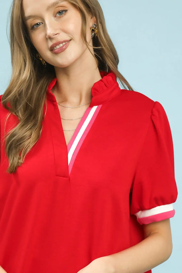 Luxe Knit Contrast Trim Top | Red
