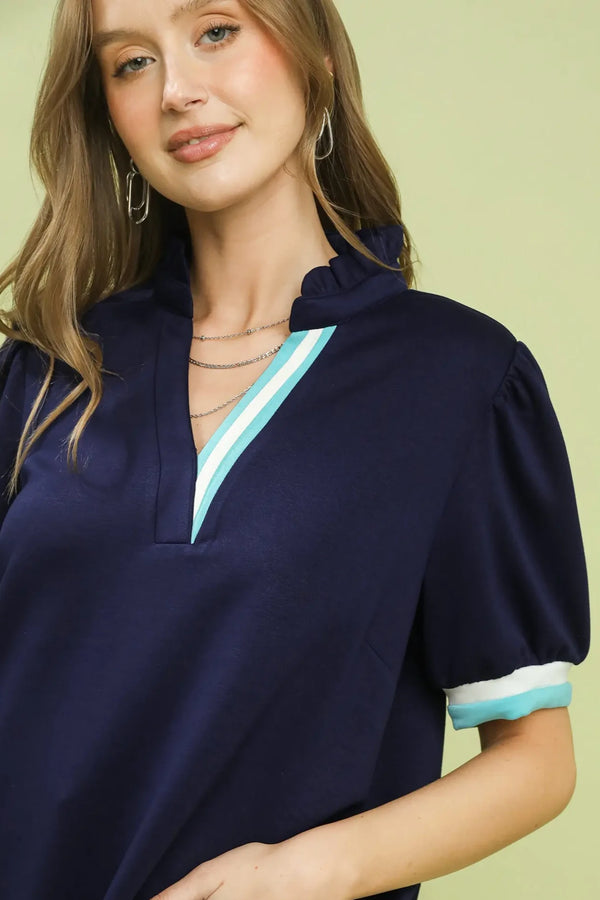 Luxe Knit Contrast Trim Top | Navy