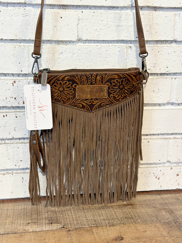 Wrangler Vintage Floral Tooled Fringe Crossbody | Light Brown