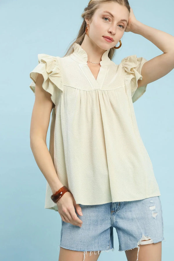 Stripe Ruffle Sleeve Top | Tan