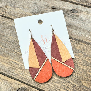 Wooden Abstract Earrings | Orange+Maroon