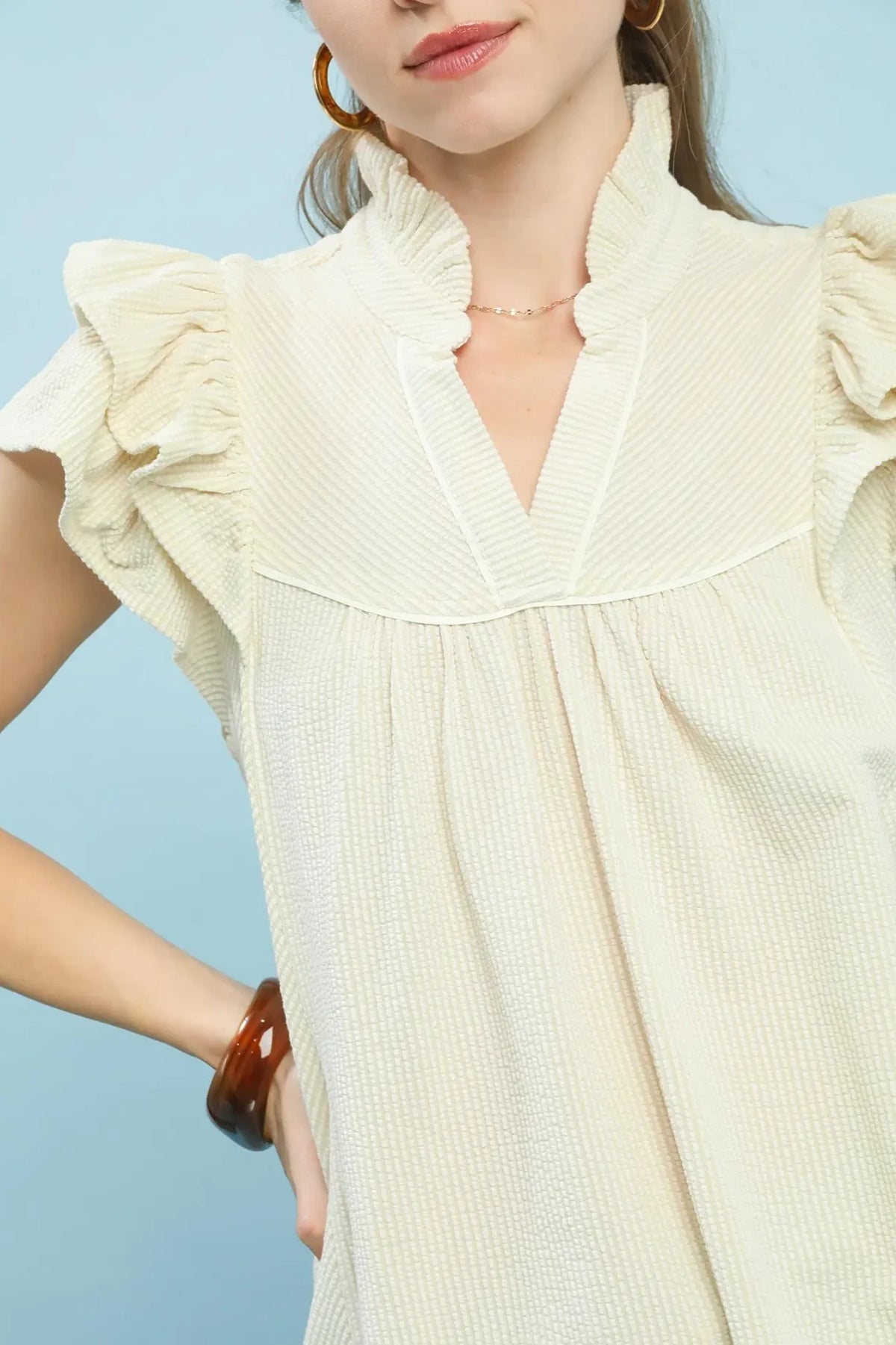 Stripe Ruffle Sleeve Top | Tan