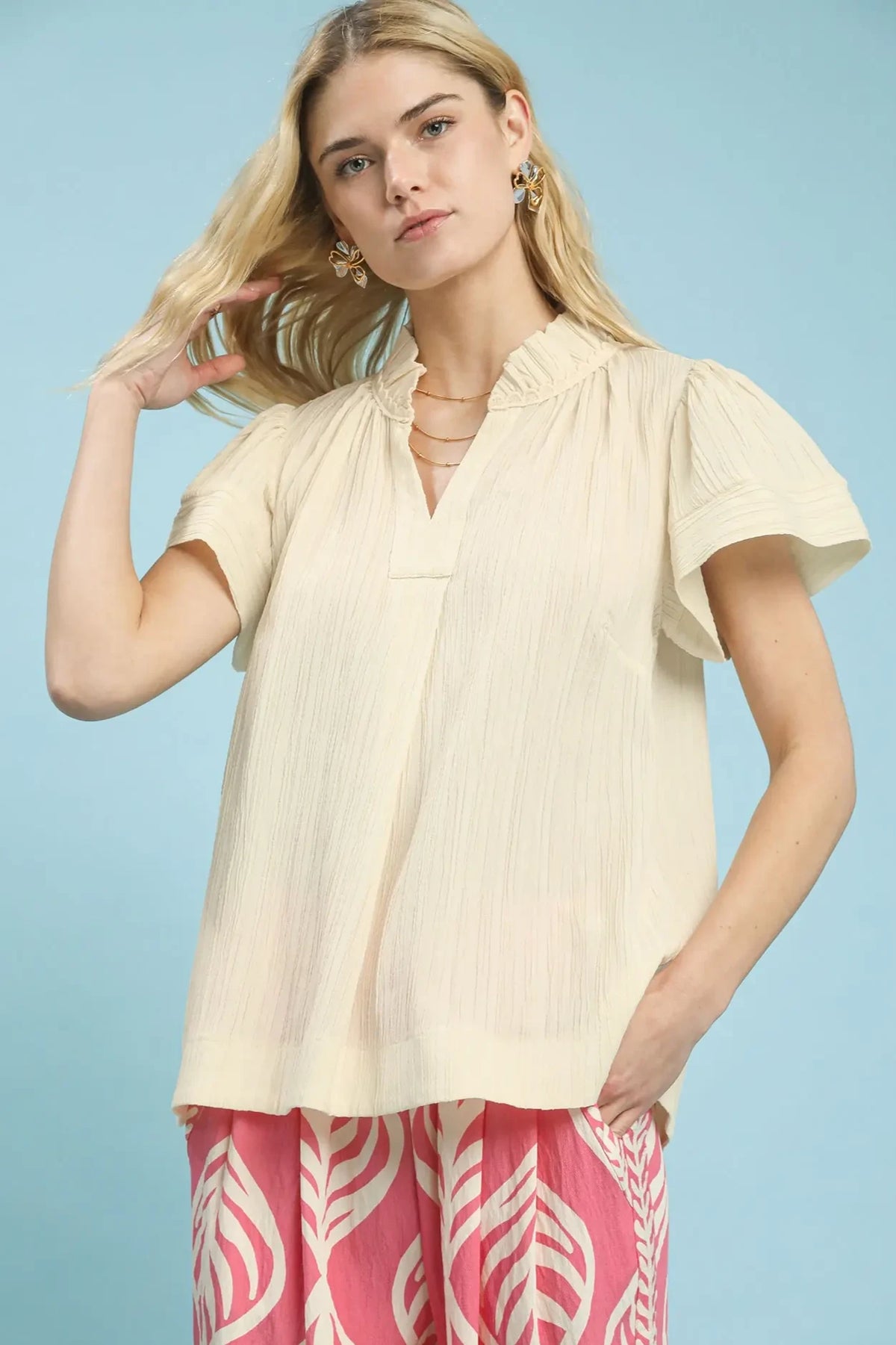 Flutter Sleeve Stripe Top | Ecru