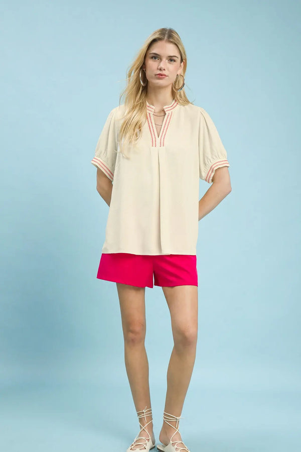 Embroidered Linen Puff Sleeve Top | Oatmeal/Pink Trim