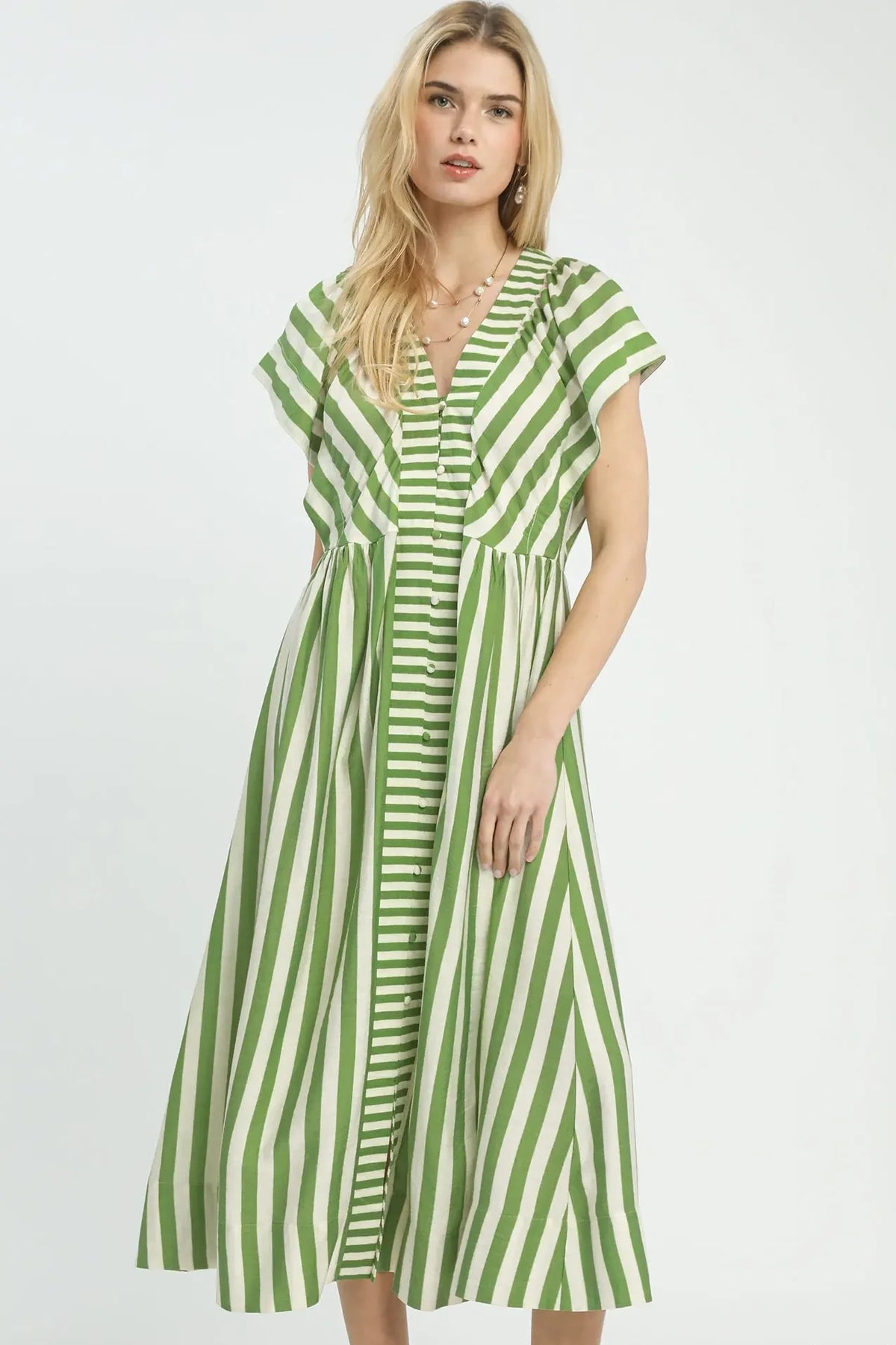 Striped Button Midi Dress | Green
