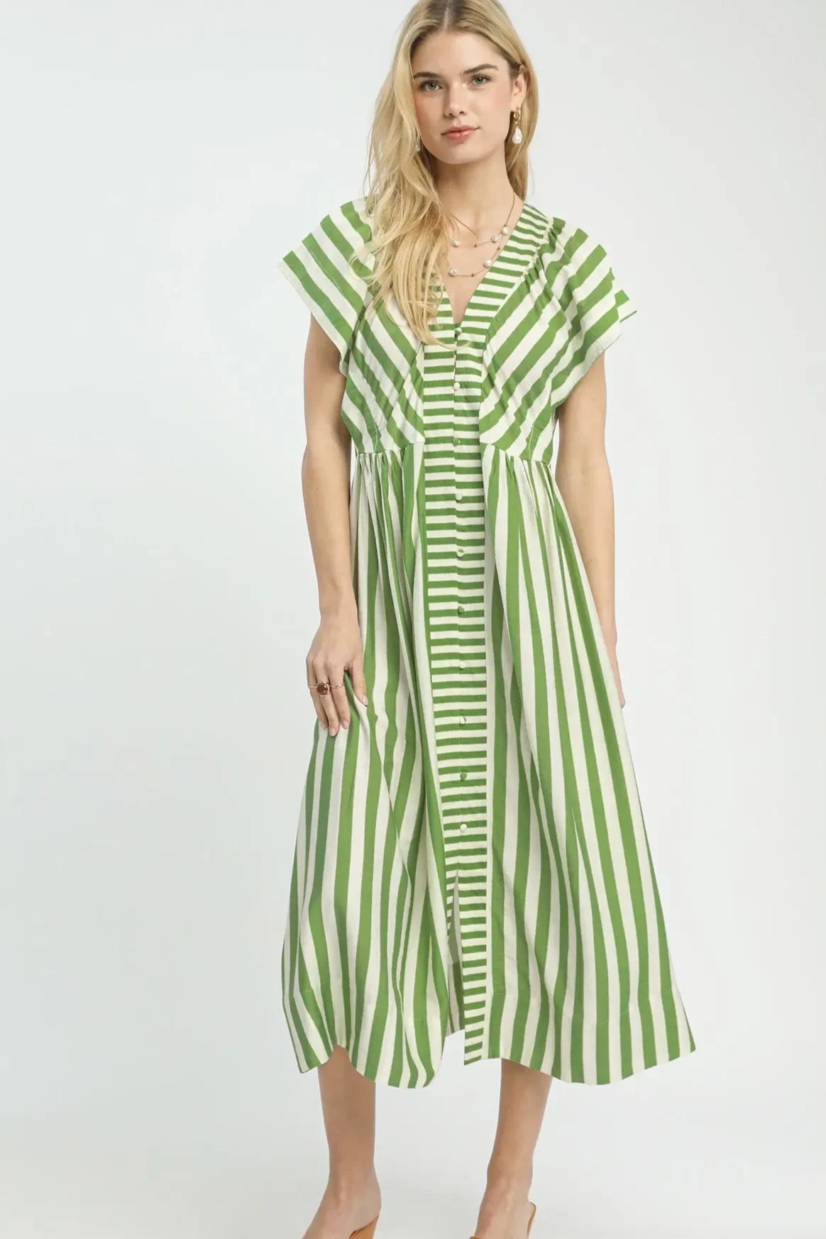 Striped Button Midi Dress | Green