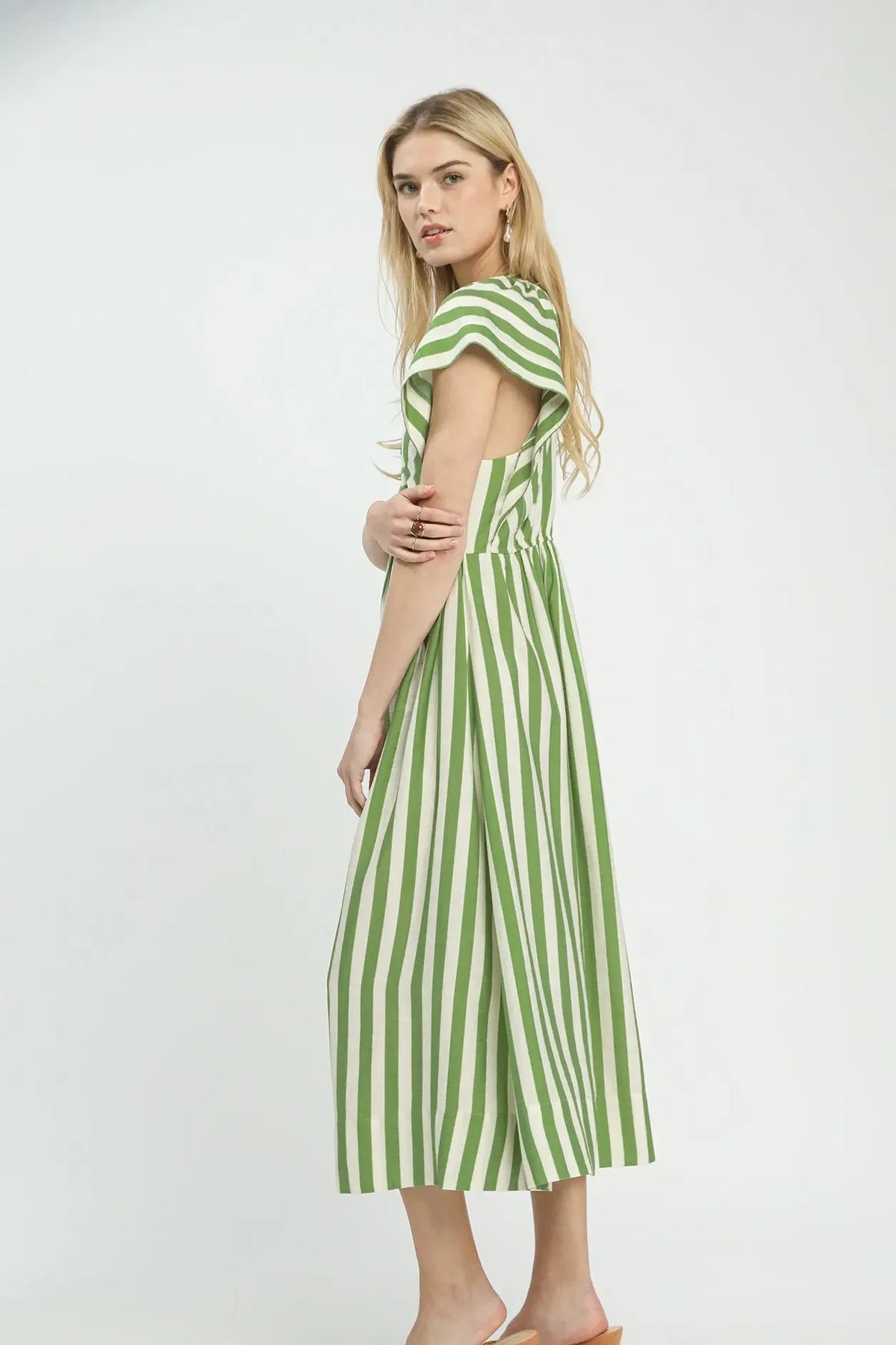 Striped Button Midi Dress | Green