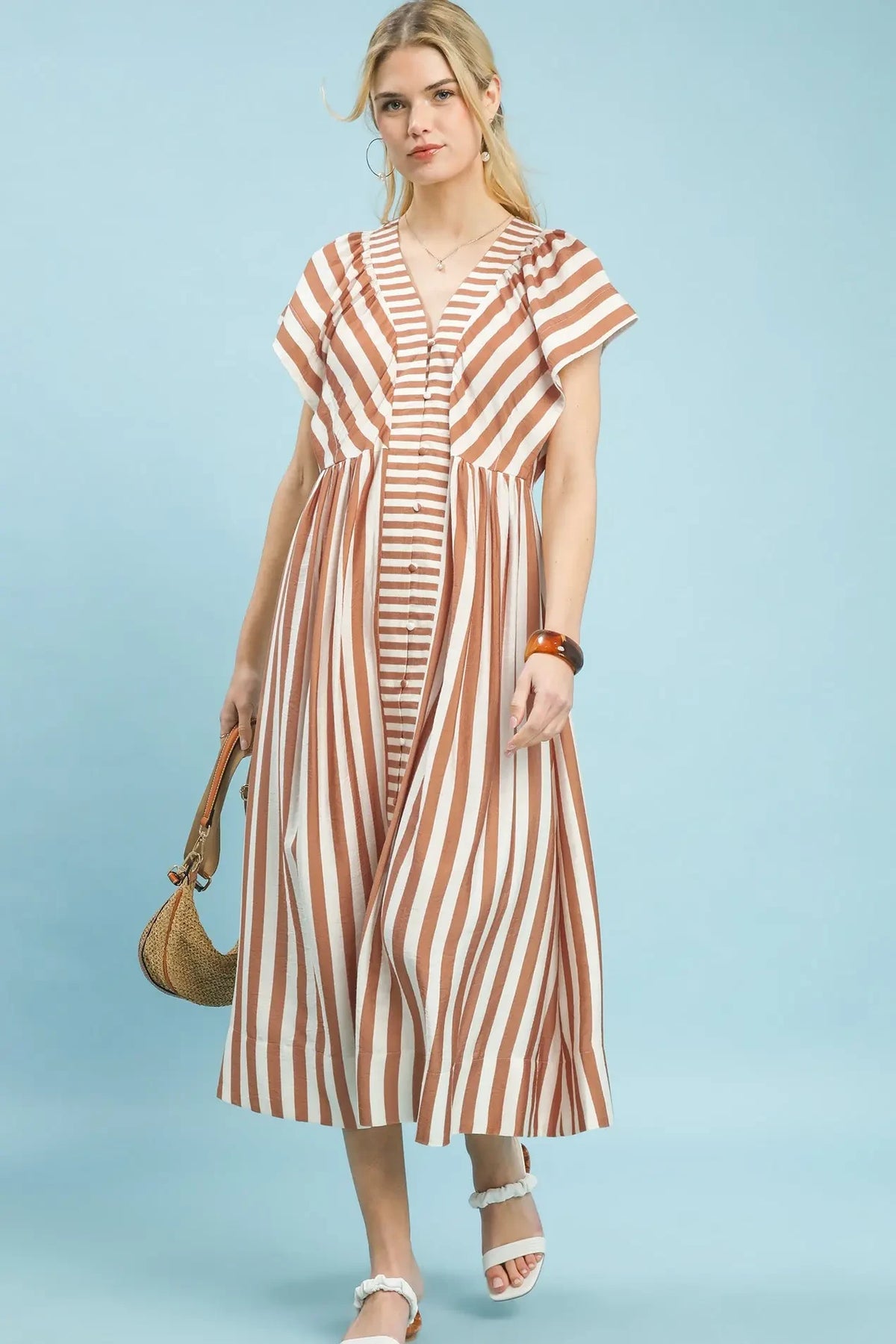 Striped Button Midi Dress | Latte