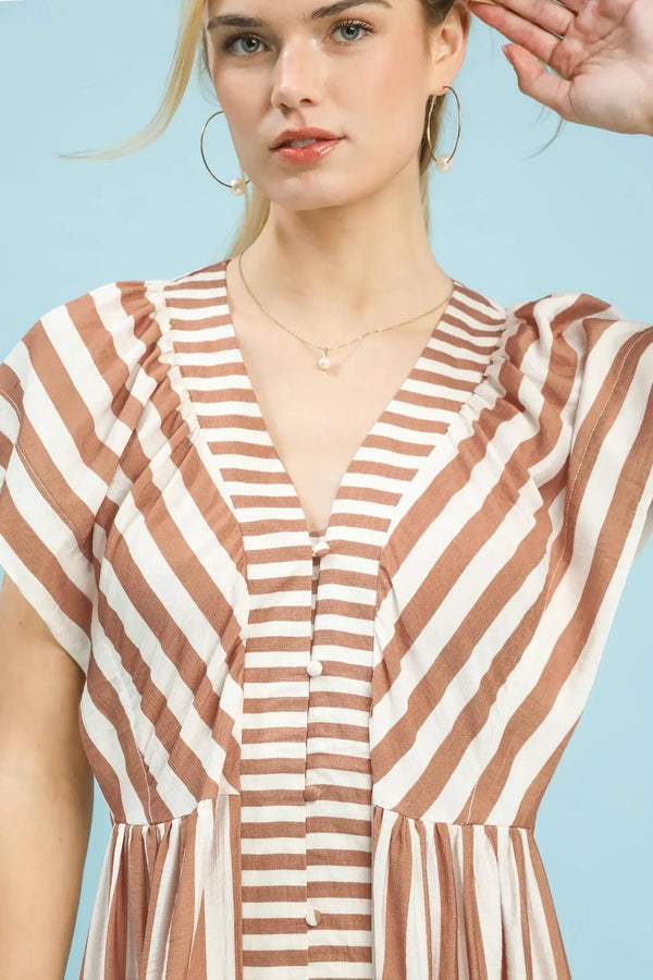 Striped Button Midi Dress | Latte