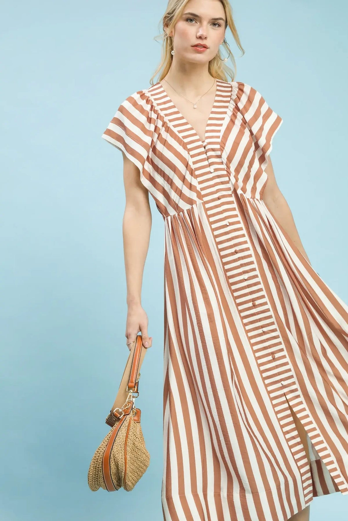 Striped Button Midi Dress | Latte