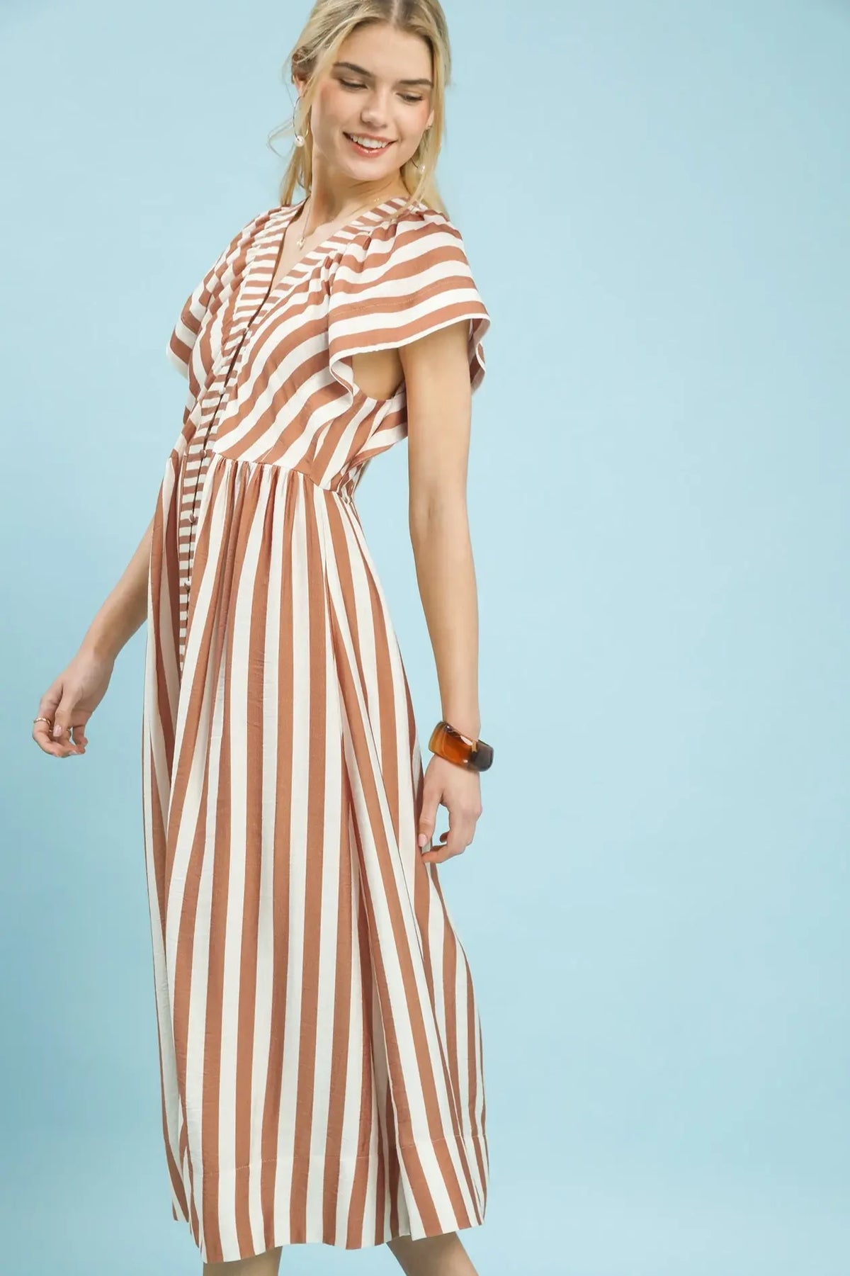 Striped Button Midi Dress | Latte