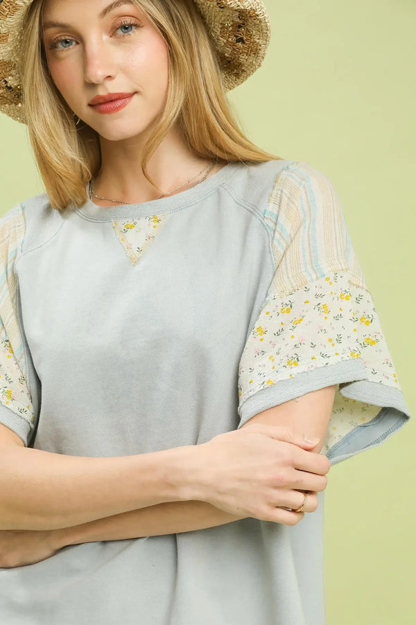 French Terry Mix Fabric Top | Light Blue