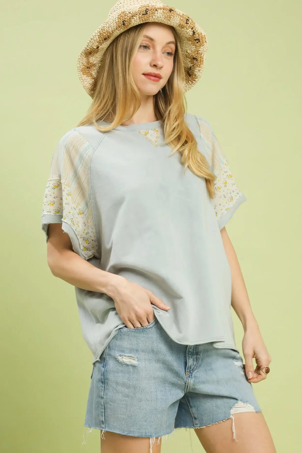 French Terry Mix Fabric Top | Light Blue