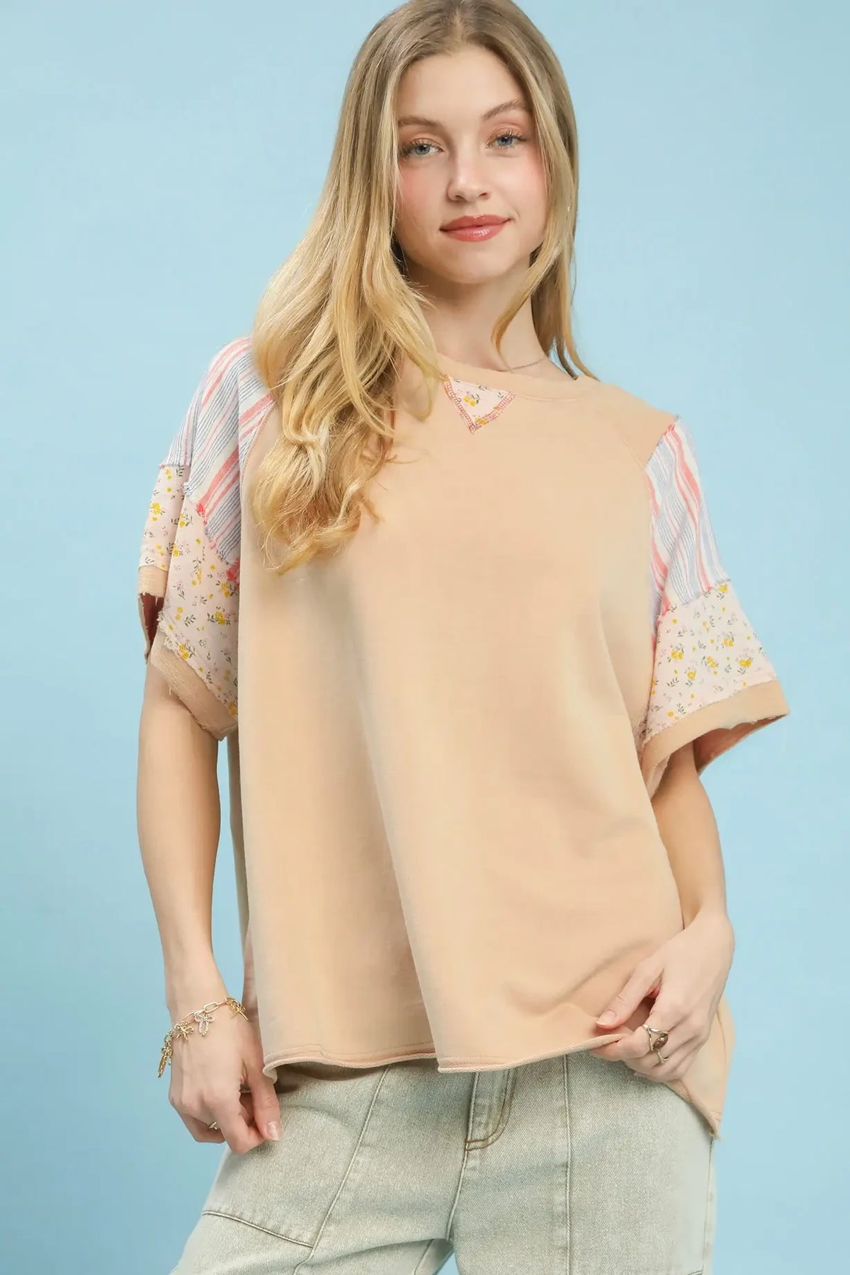 French Terry Mix Fabric Top | Dusty Peach