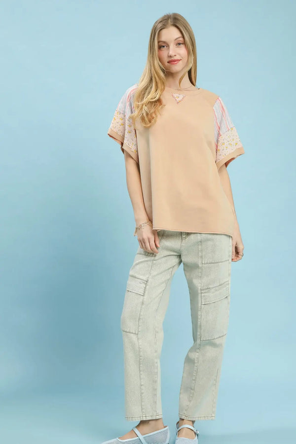 French Terry Mix Fabric Top | Dusty Peach