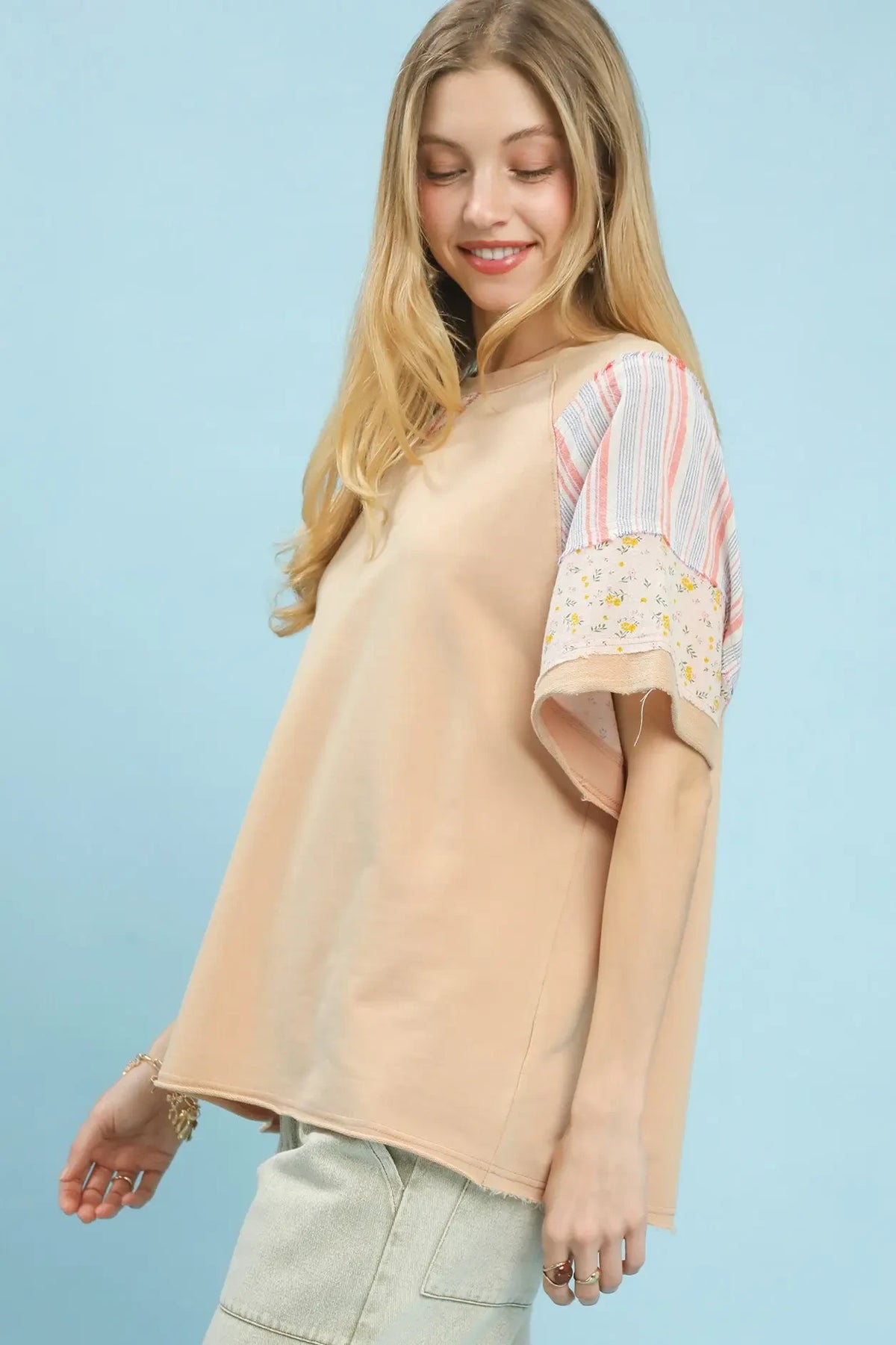 French Terry Mix Fabric Top | Dusty Peach