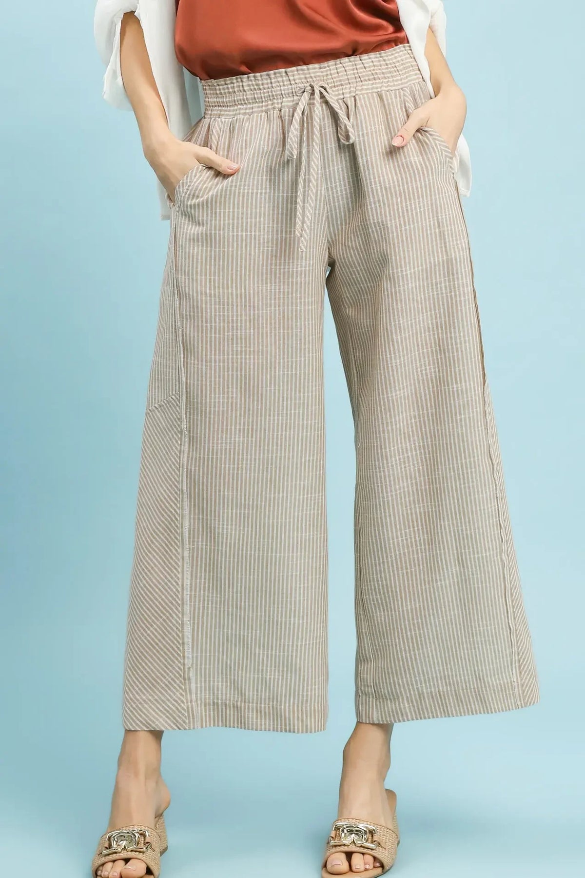 Linen Blend Stripe Wide Leg Pants | Tan