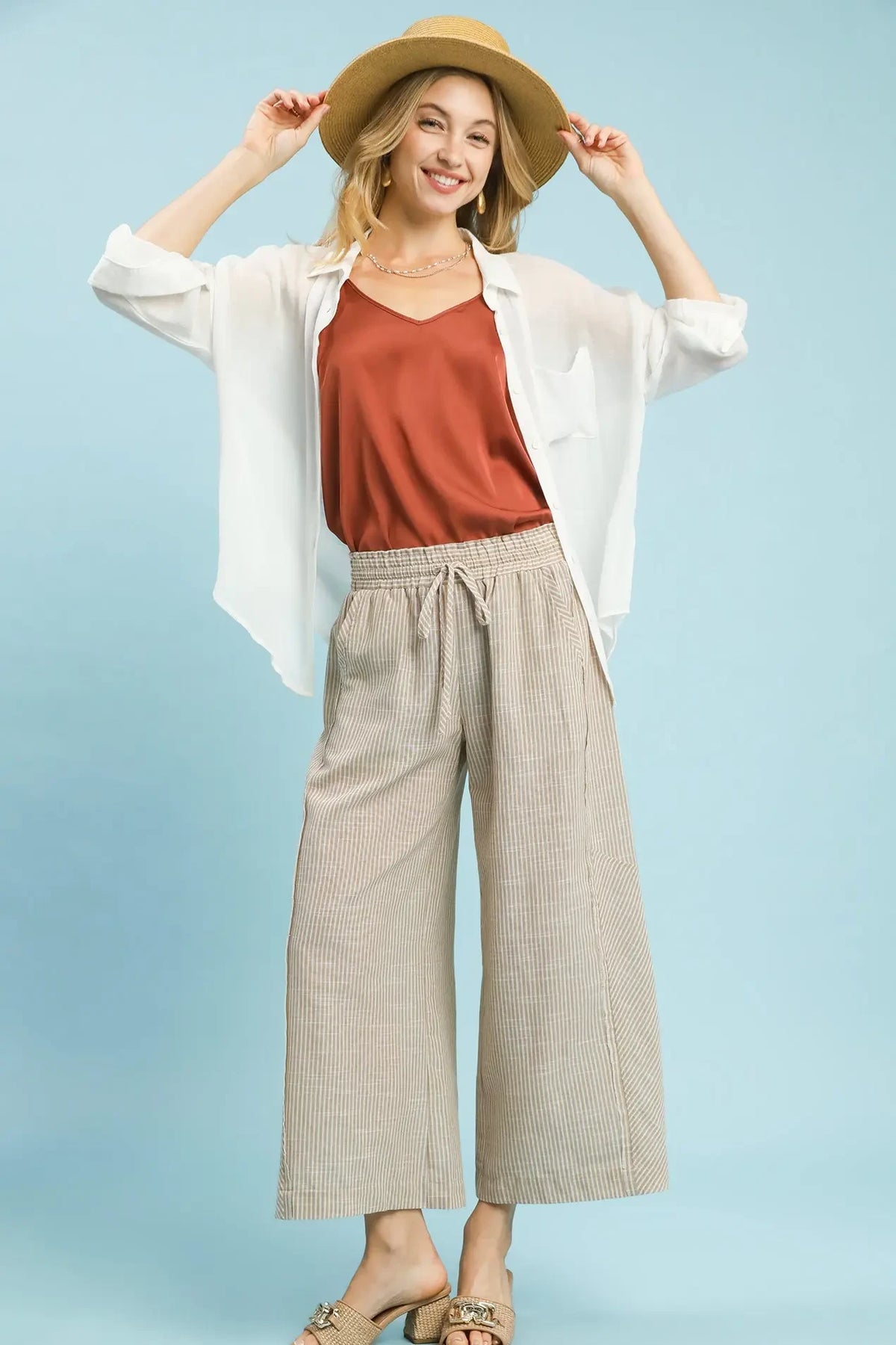 Linen Blend Stripe Wide Leg Pants | Tan