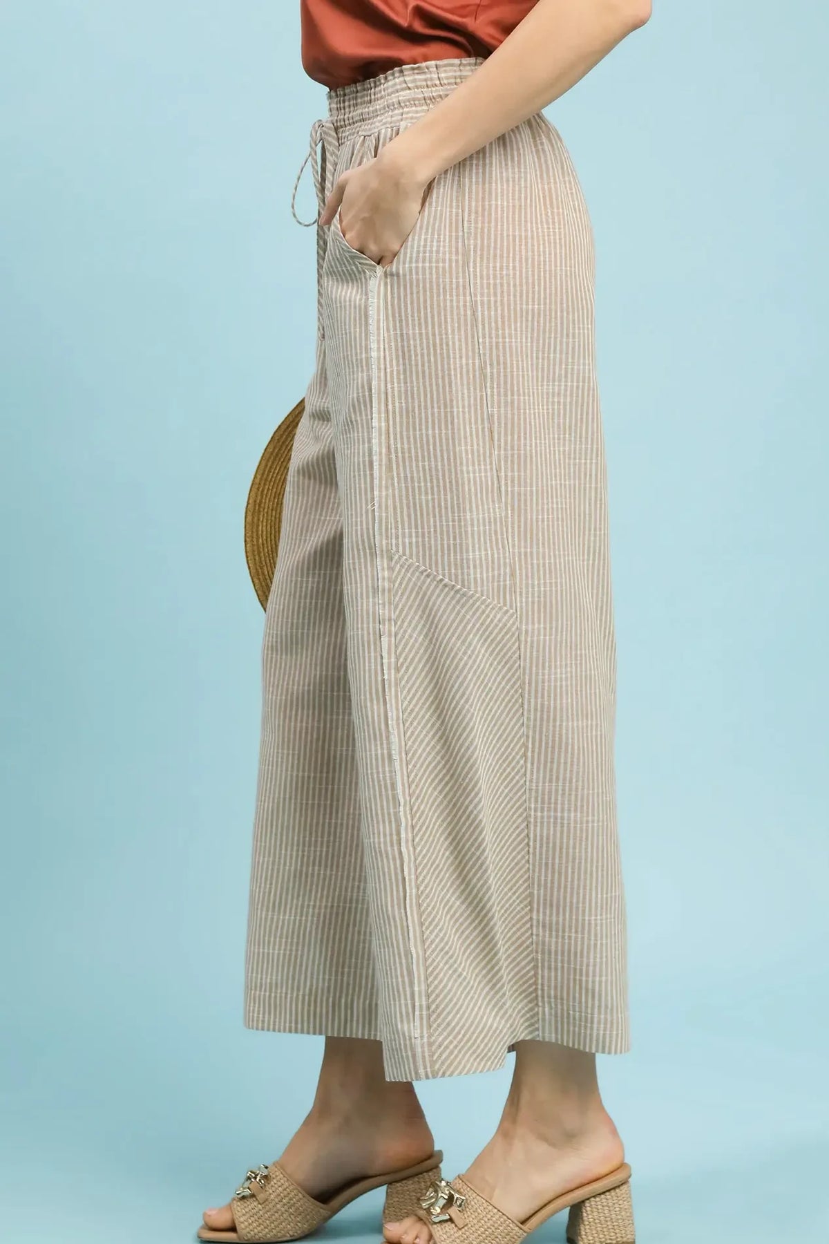 Linen Blend Stripe Wide Leg Pants | Tan