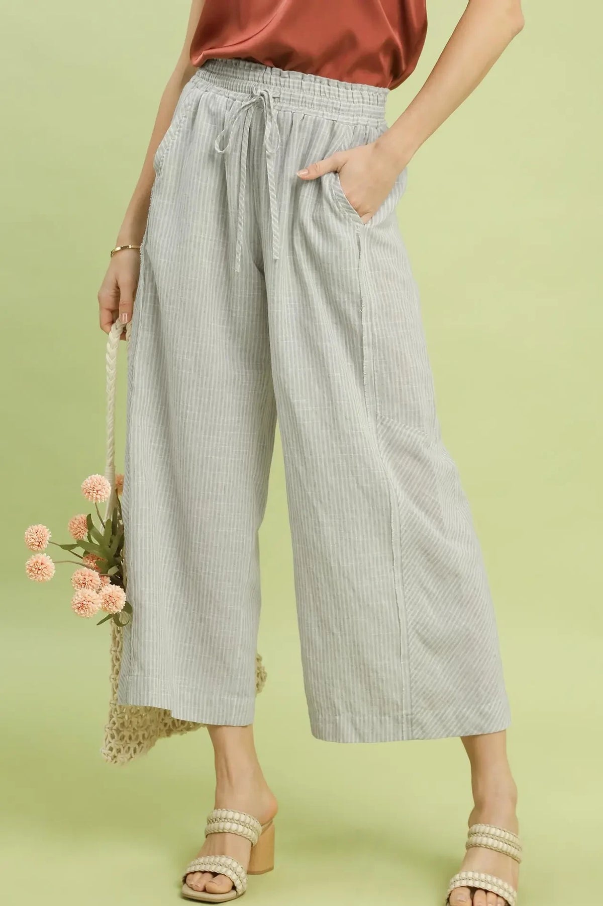 Linen Blend Stripe Wide Leg Pants | Oatmeal