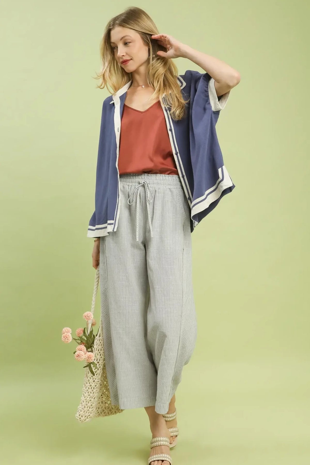 Linen Blend Stripe Wide Leg Pants | Oatmeal