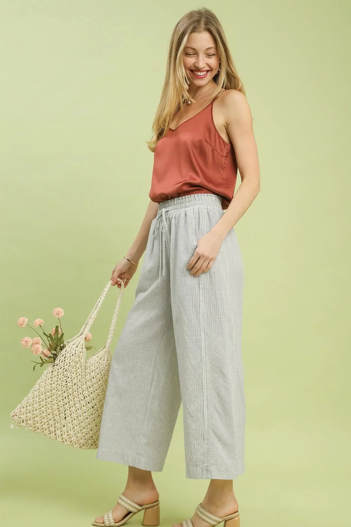 Linen Blend Stripe Wide Leg Pants | Oatmeal