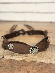 Hand Cut Leather+Rhinestone Hat Band | Brown