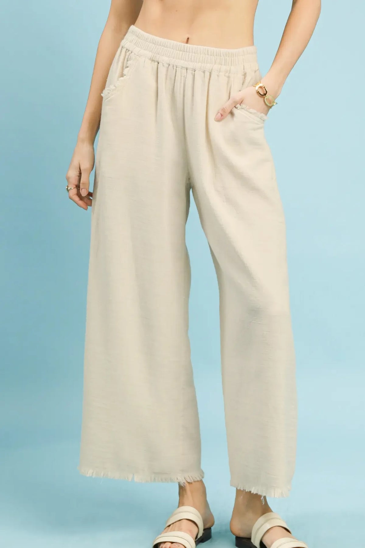 Washed Solid Frayed Hem Wide Leg Pants | Cream