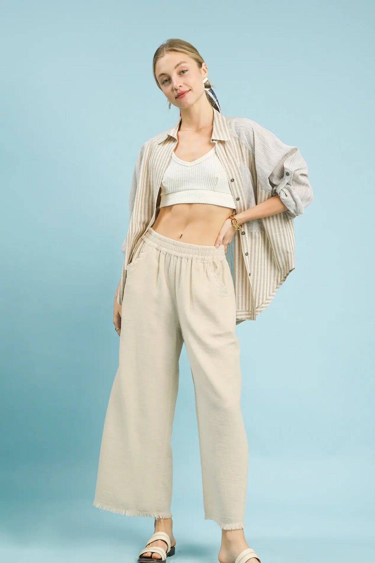 Washed Solid Frayed Hem Wide Leg Pants | Cream
