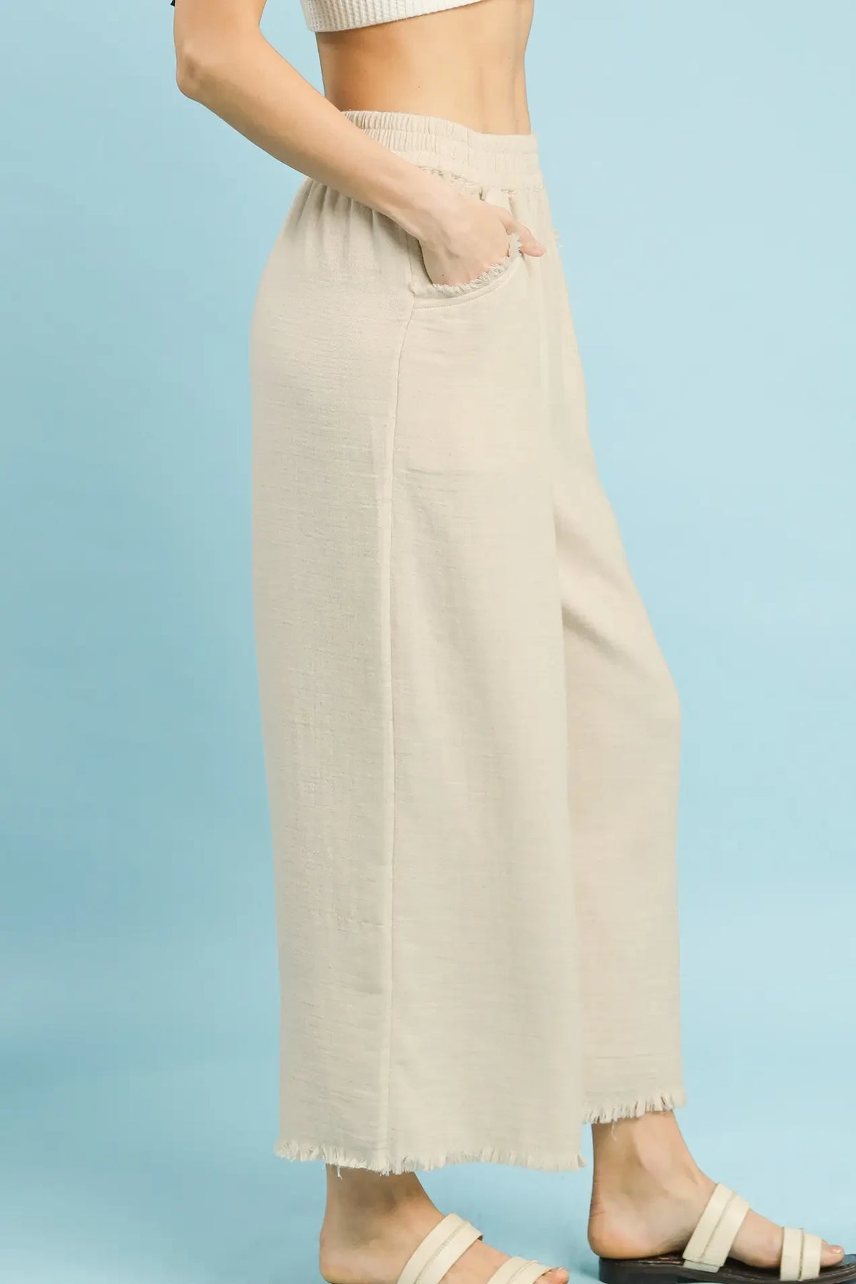 Washed Solid Frayed Hem Wide Leg Pants | Cream