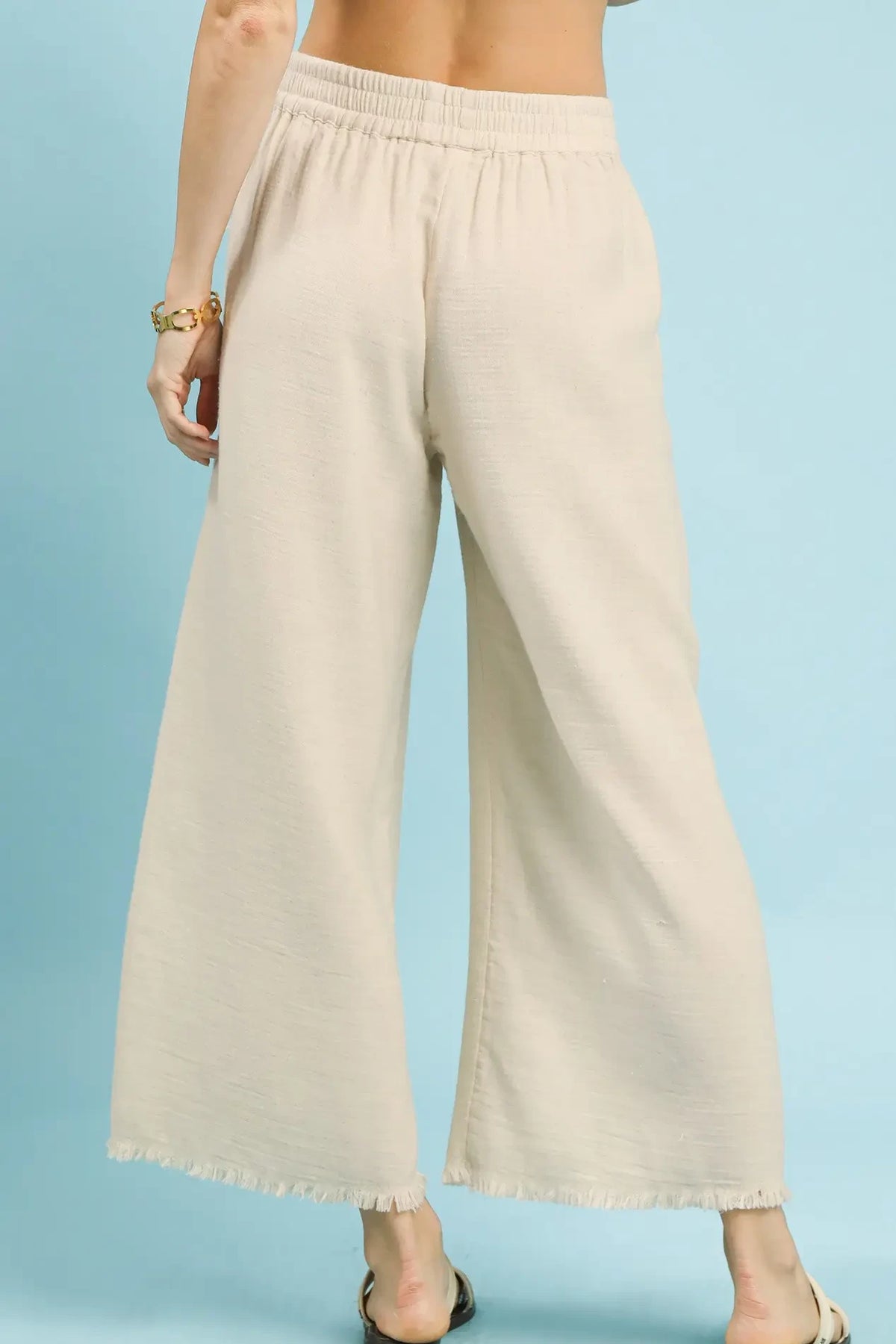 Washed Solid Frayed Hem Wide Leg Pants | Cream