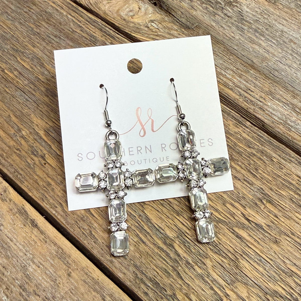 Clear Crystal Cross Earrings | Silver