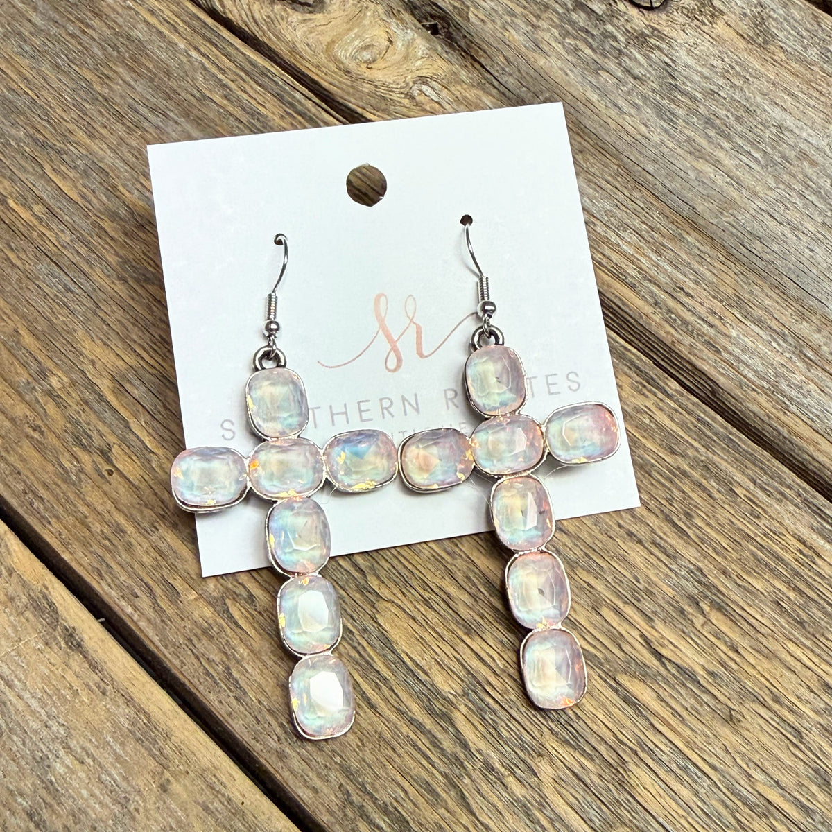 Pink Iridescent Crystal Cross Earrings | Gold