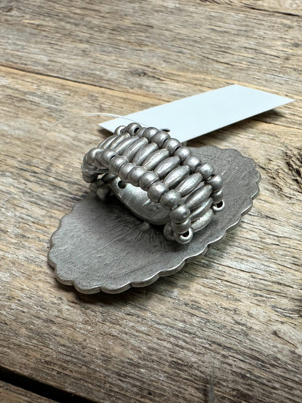 Western Beaded Stretch Ring | Antique Silver+Turquoise