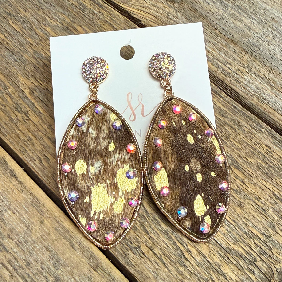 Cowhide Rhinestone Earrings | Brown/Gold