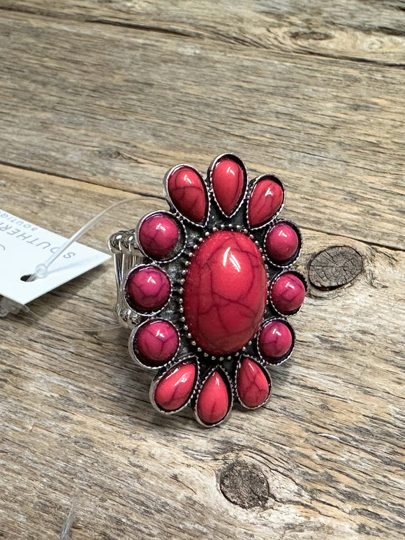 Western Beaded Stretch Ring | Hot Pink+Silver