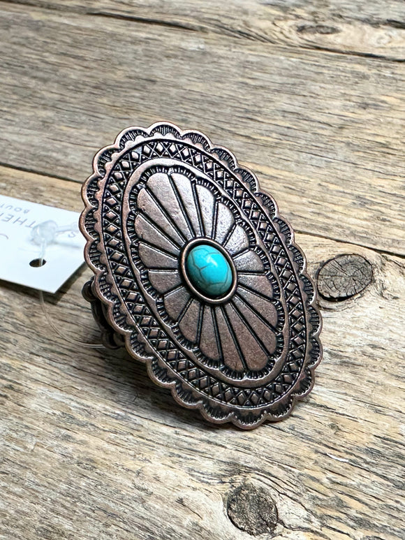 Western Beaded Stretch Ring | Antique Copper+Turquoise